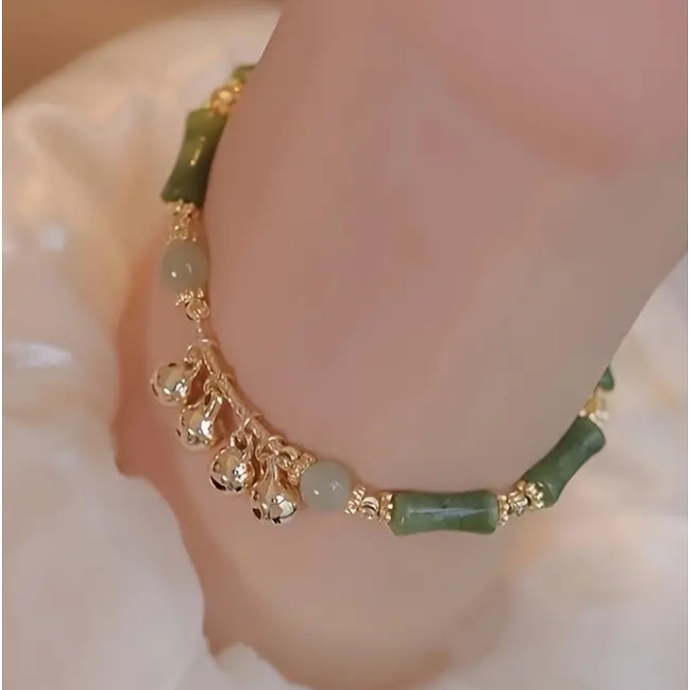 NEW BAMBOO STYLE SEGMENT BELL CHARM BRACELET JADE COLOR WITH GOLDEN TONE ACCENTS